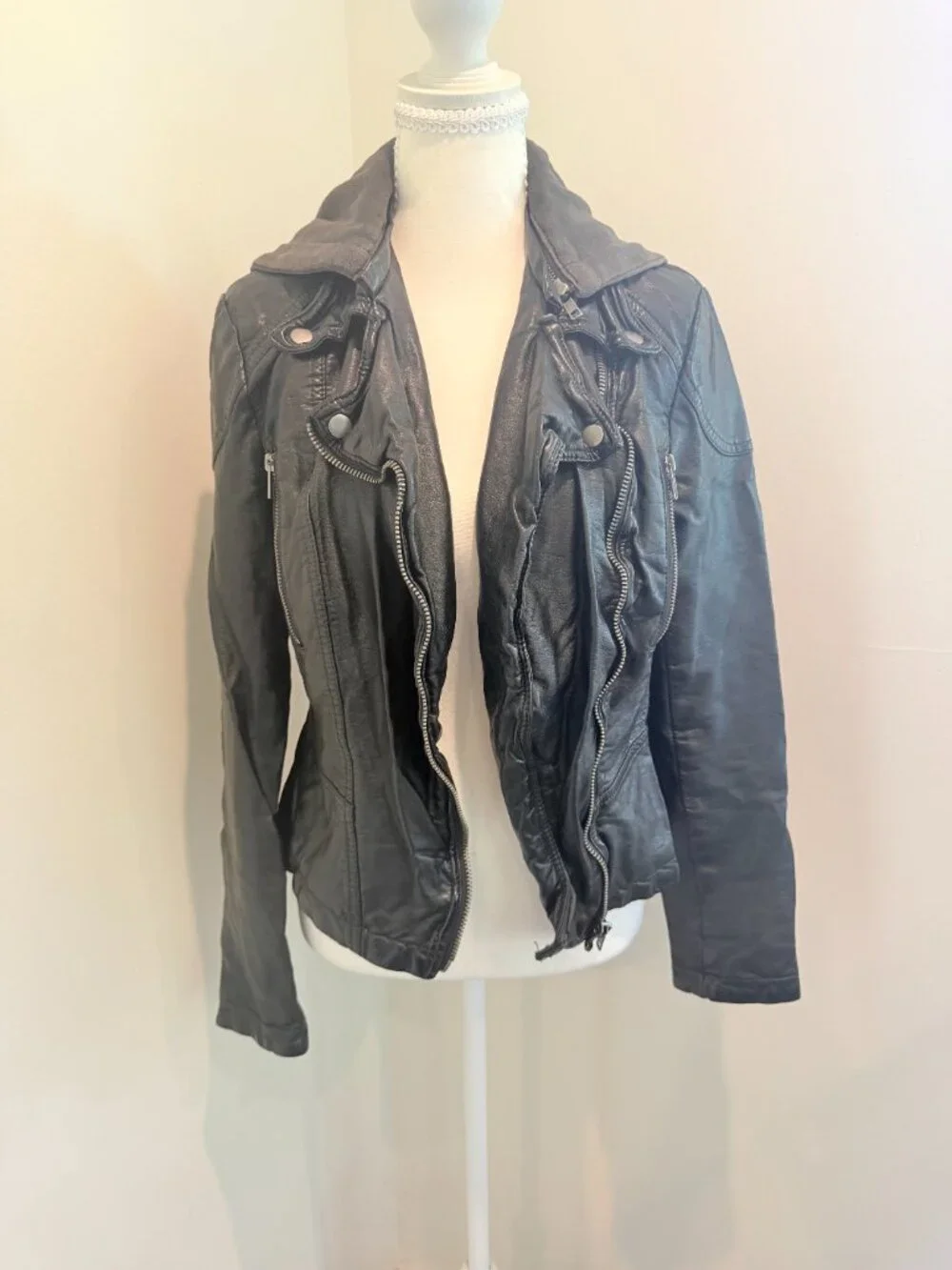 Free People Hooded Vegan Leather Moto Jacket - Black Sz 8